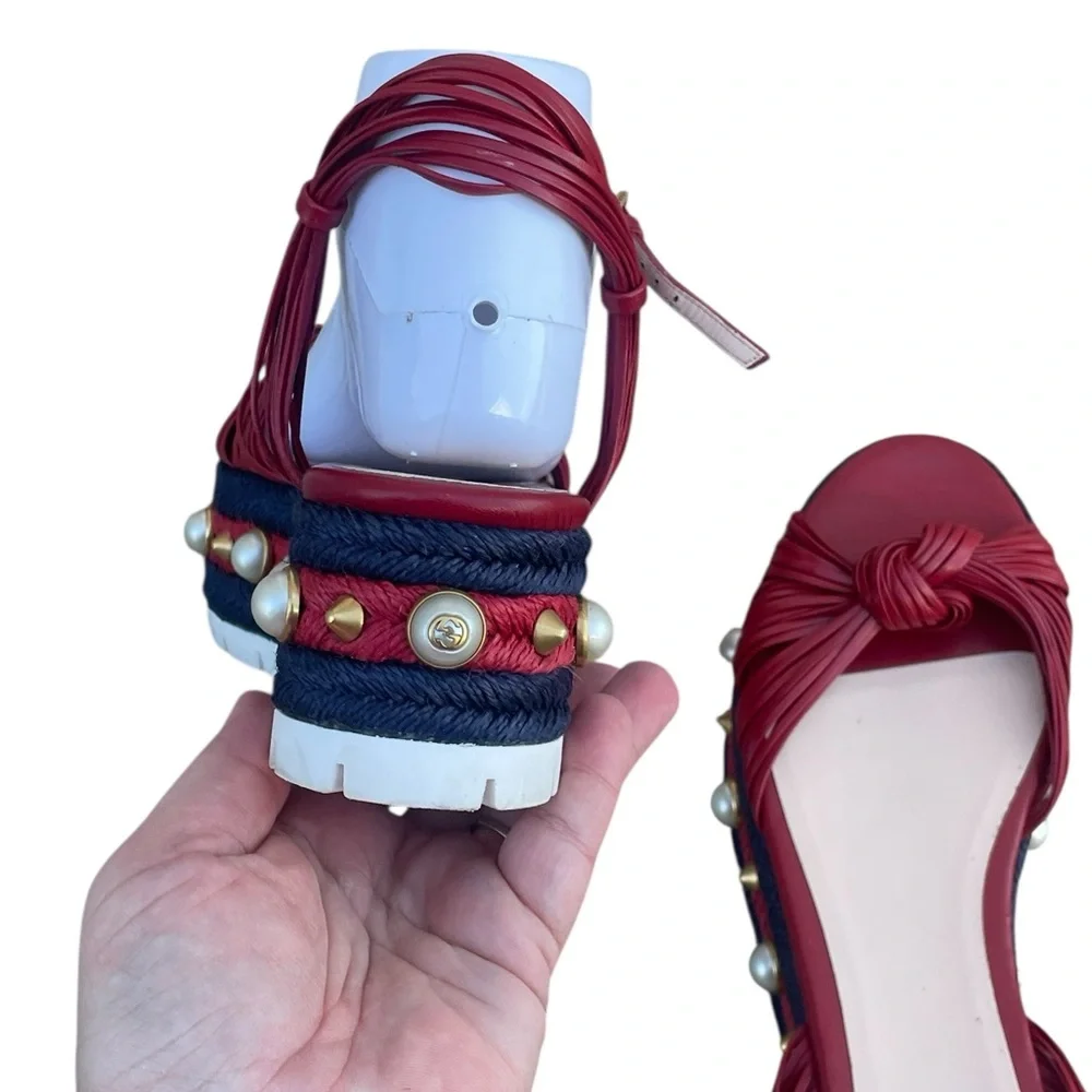 Gucci Red Leather Barbette Knot, Ankle Strap Espadrille Platform Sandals, 41.5‎ - Picture 6 of 10